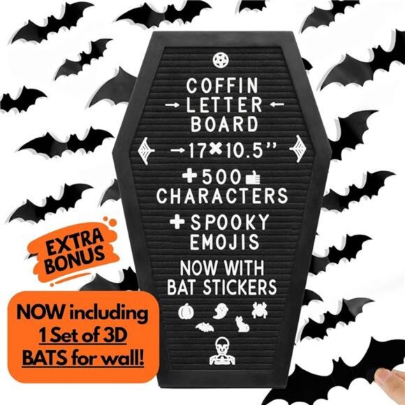 Coffin Letter Board Black +3D Bat Stickers +650 Characters, Spooky & Seasonal - Picture 5 of 7